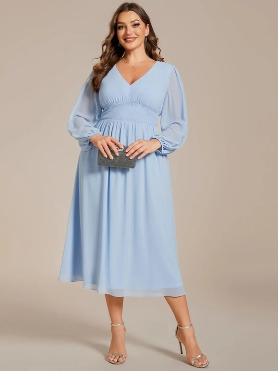 Ever Pretty Dresses & Skirts - Ever Pretty Light Blue V-Neck Midi Dress with Sheer Long Sleeves